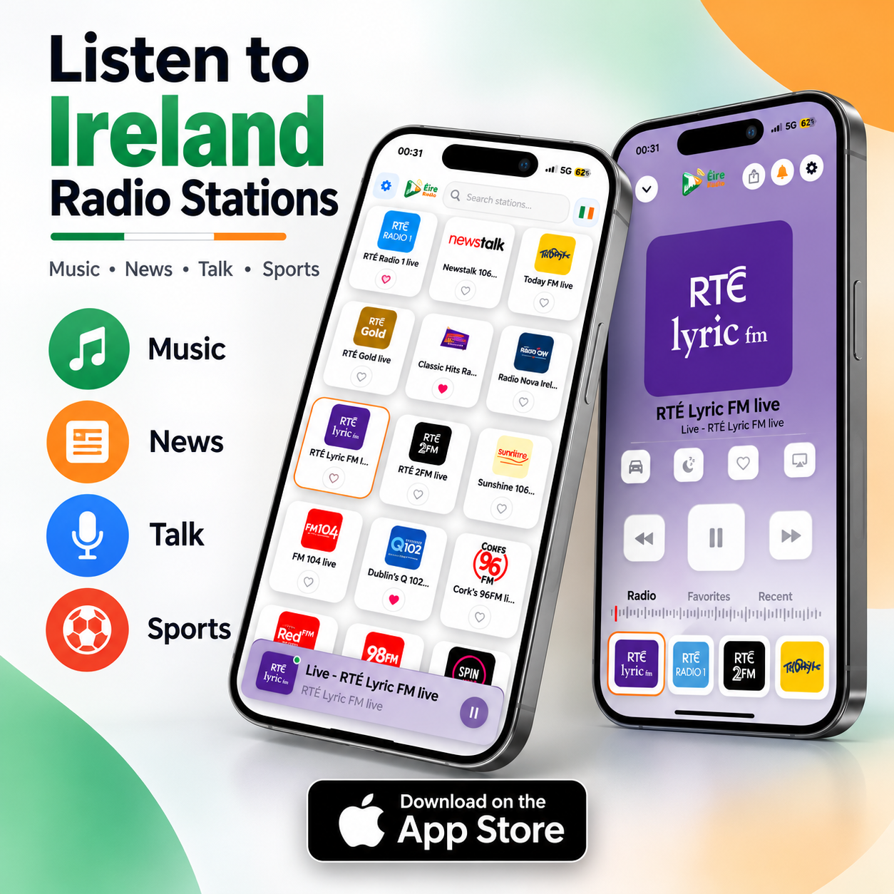 Irish Radio square promotional artwork featuring two app screens